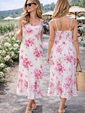 Women’s Floral White and Pinky Red Spaghetti-Strap Midi Dress